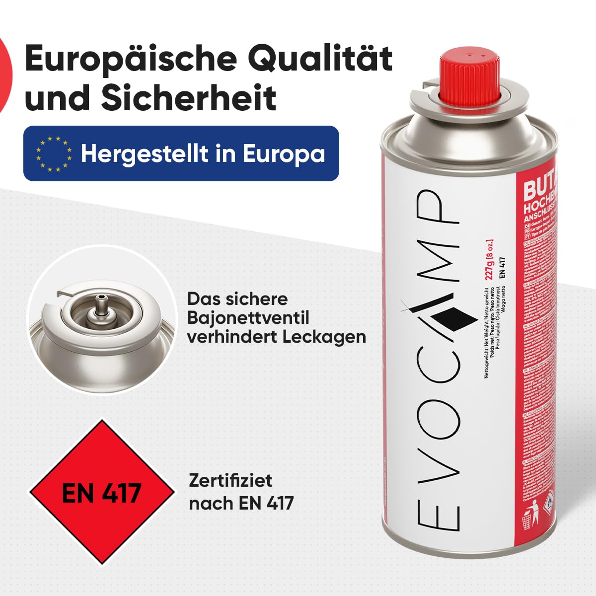 EVOCAMP 8x Stück Butan Gaskartuschen 227g Typ MSF-1a Bajonett Ventil ideal für Campingkocher, Gasheizung, Unkrautbrenner, Camping Gas Butangas Kartusche, Universaldruckgasdose für Camping und BBQ