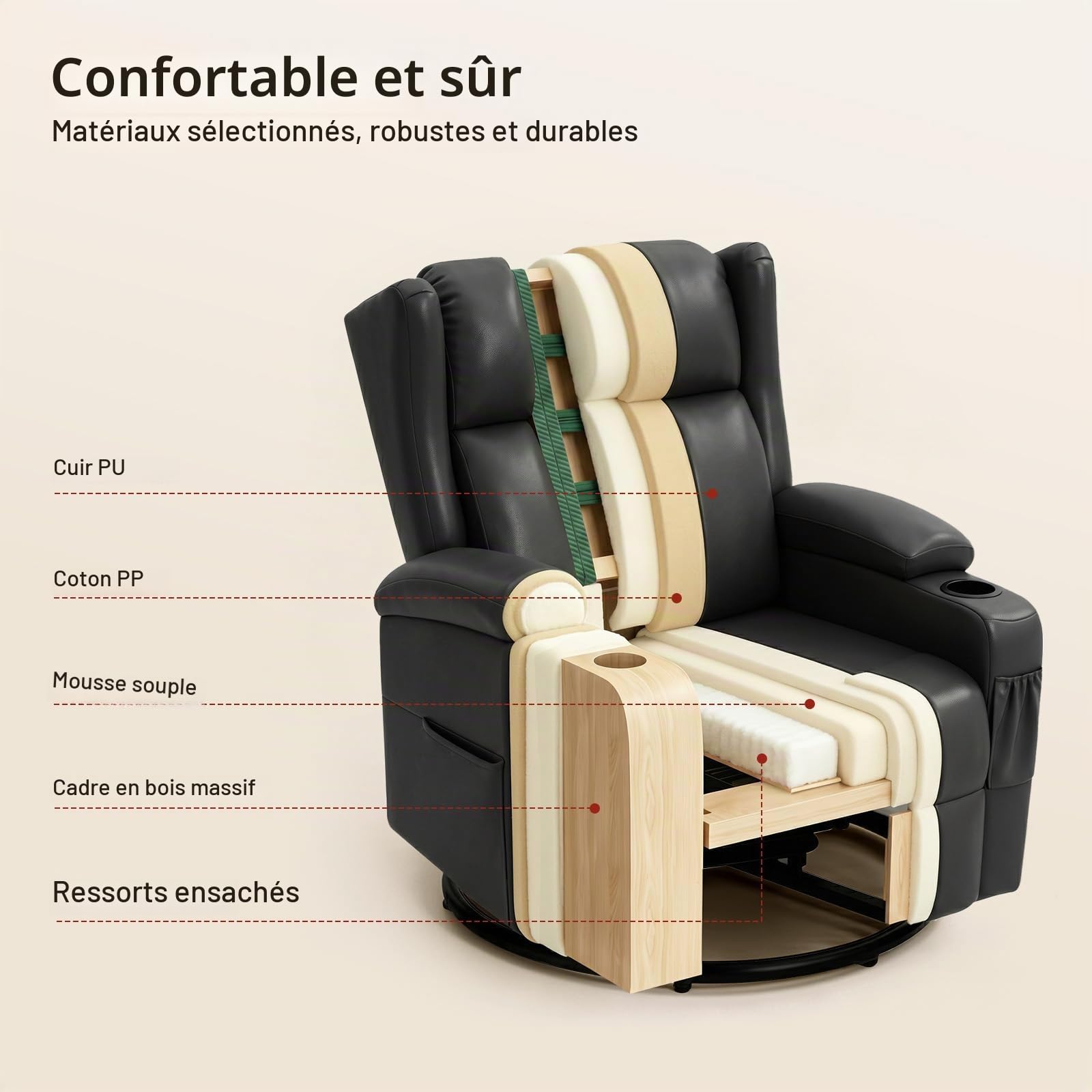 WOLTU Fauteuil Relax Pivotant à 360°, inclinable, Bascule, PU, Noir | Fauteuil TV, Dossier Inclinable, Bascule, Repose-Pieds, Poches Latérales et Porte-gobelet, Charge 150 kg