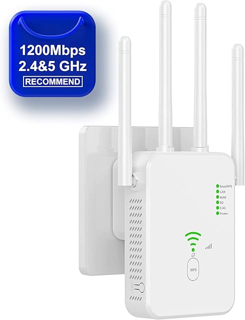 WiFi Extender Booster, Lychico 1200Mbps WiFi Extender Booster Dual Band 5GHz&2.4GHz Wireless Signal Booster with Ethernet/LAN Port, WiFi Repeater Support WPS Simple Setup, UK Plug