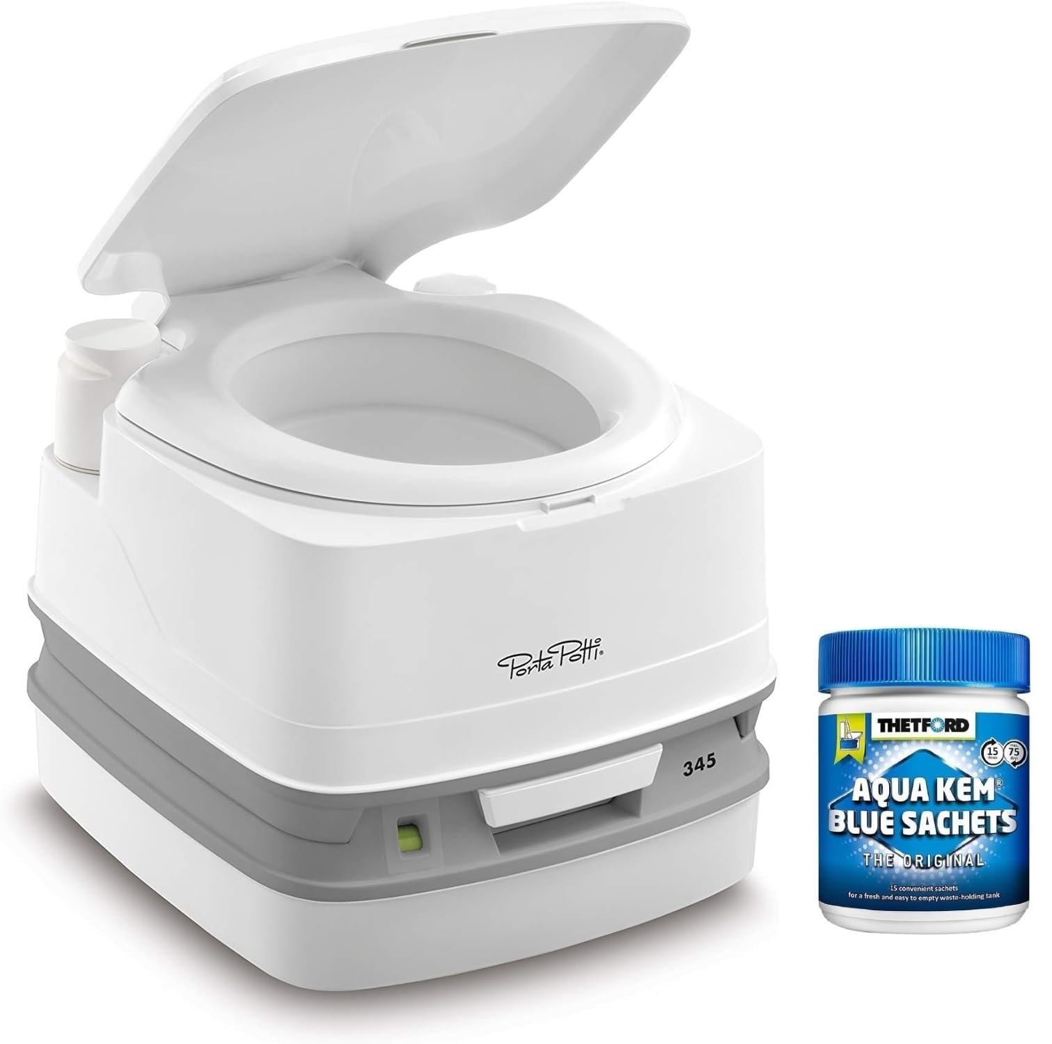Inodoro portátil Porta Potti 345 + 15 Bolsitas Aqua Kem Blue Sachets. Pack Ahorro