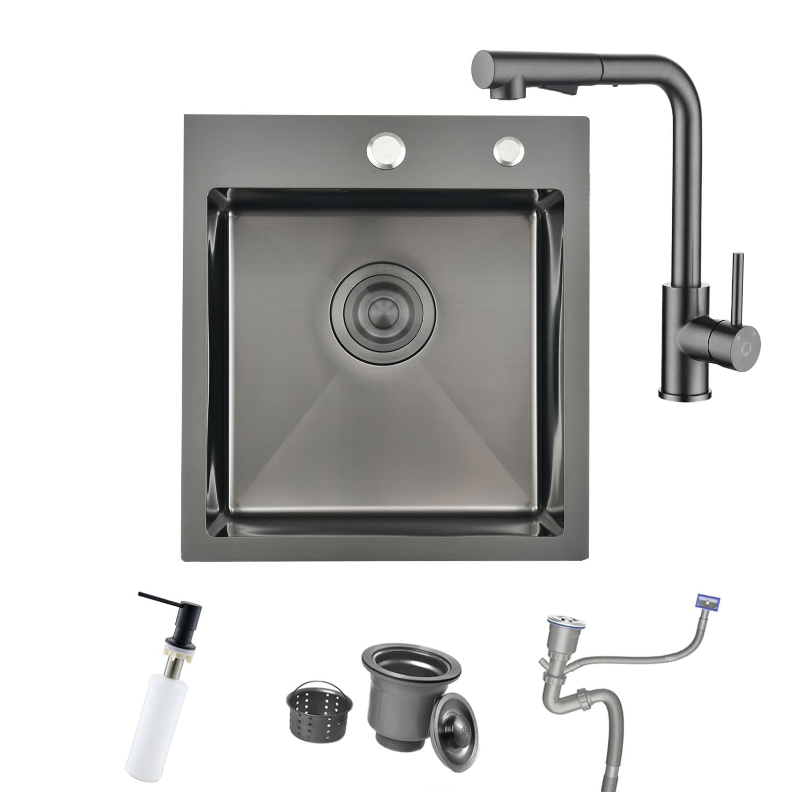 Fregadero de acero inoxidable 40 x 45 cm antracita + grifo de cocina extensible, juego completo de fregadero de cocina BoomHoze cuadrado empotrable pequeño para armario bajo de 40 cm