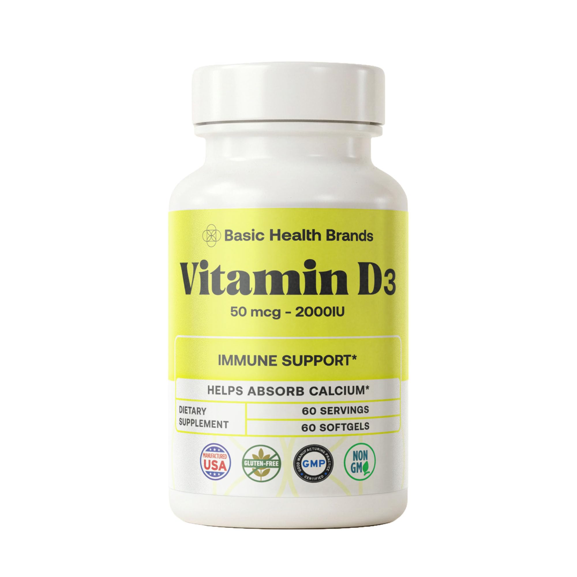 Basic Brands Happy Sunshine Vitamin D3 2000 IU 60 Count (Pack of 1)