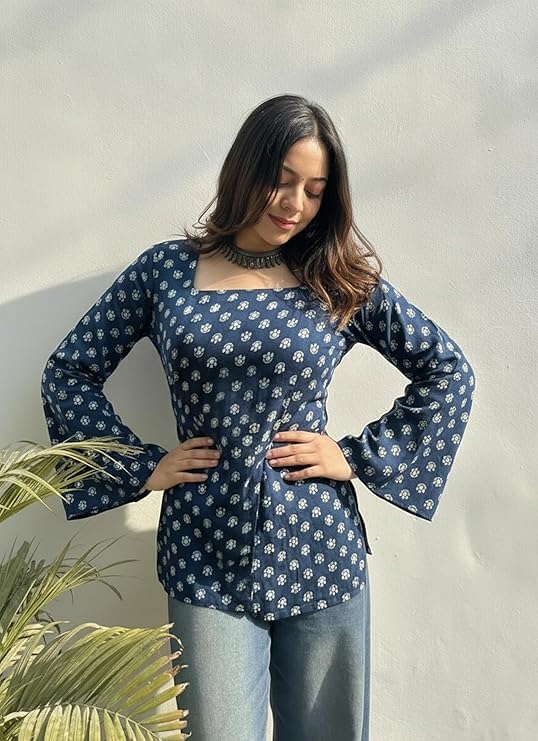 Image of ANNI Designer Women's Viscose Blend Printed Short Kurti | Straight Fit Ethnic Top with Square Neck | Bell Sleeve Indian Kurta for Office College, Party