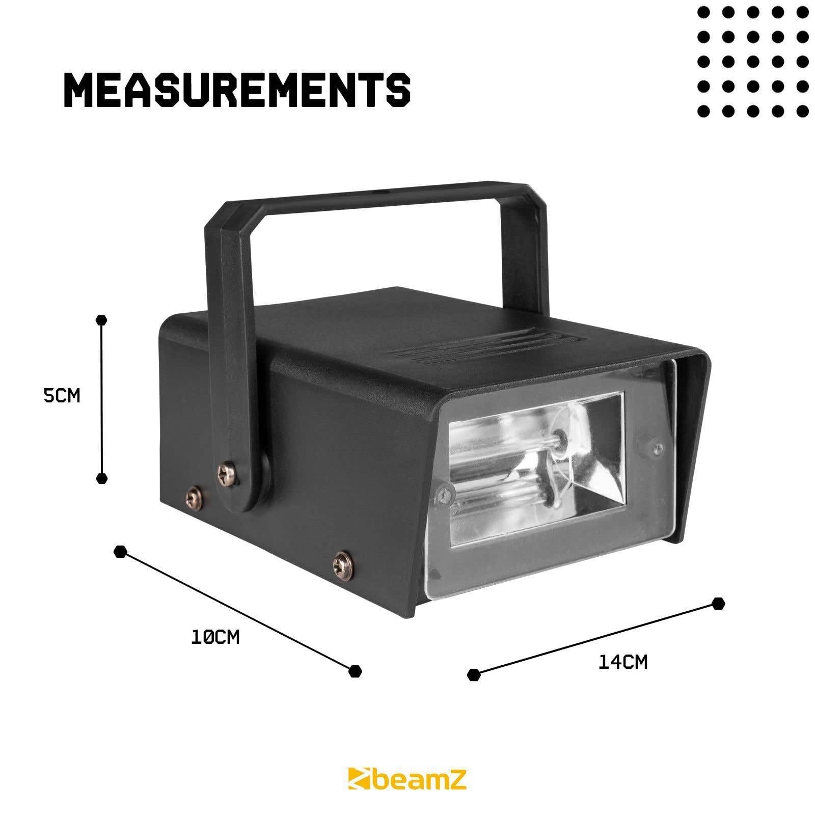 BeamZ BMS50 Mini Strobo de 25W con velocidad ajustable, ligero y compacto, tubo de flash de xenón, máximo 10 destellos por segundo, incluye soporte para colgar.