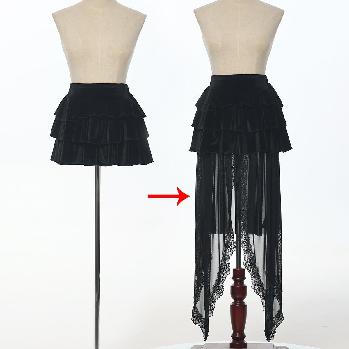 Women's Victorian Gothic Lace High-Low Skirts Lolita Layered High-Waisted A-Line Tulle Bustle Skirt for Halloween Party - Image 4