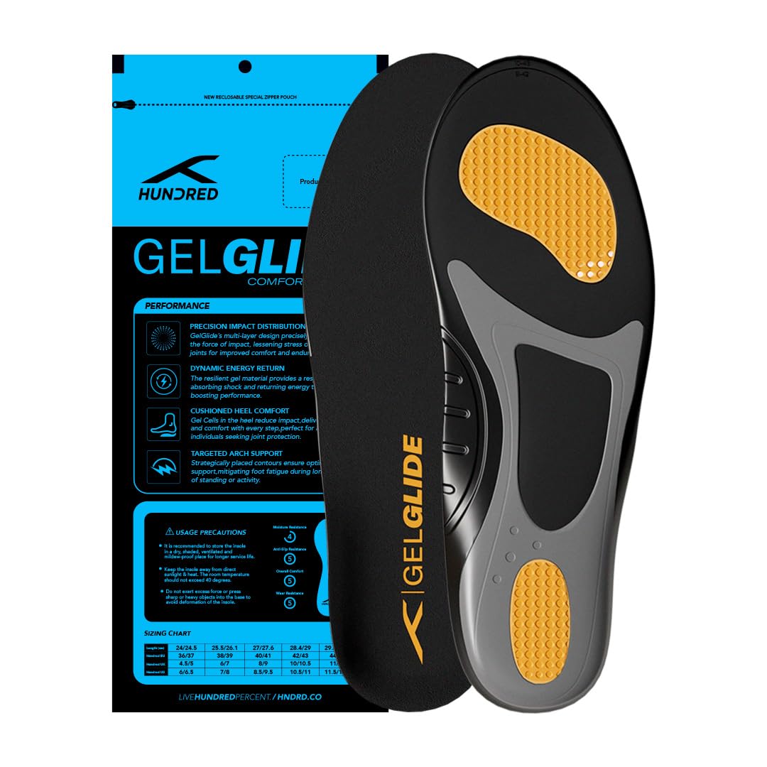 HUNDREDHundred GelGlide Performance Insoles | Dual Soft Silicon Gel Mesh | Central Hard Silicon Gel |Shock Absorption Cushioning | Personalized Comfort for Any Shoe | Unisex | 1 Pair (8 UK & 9 UK)