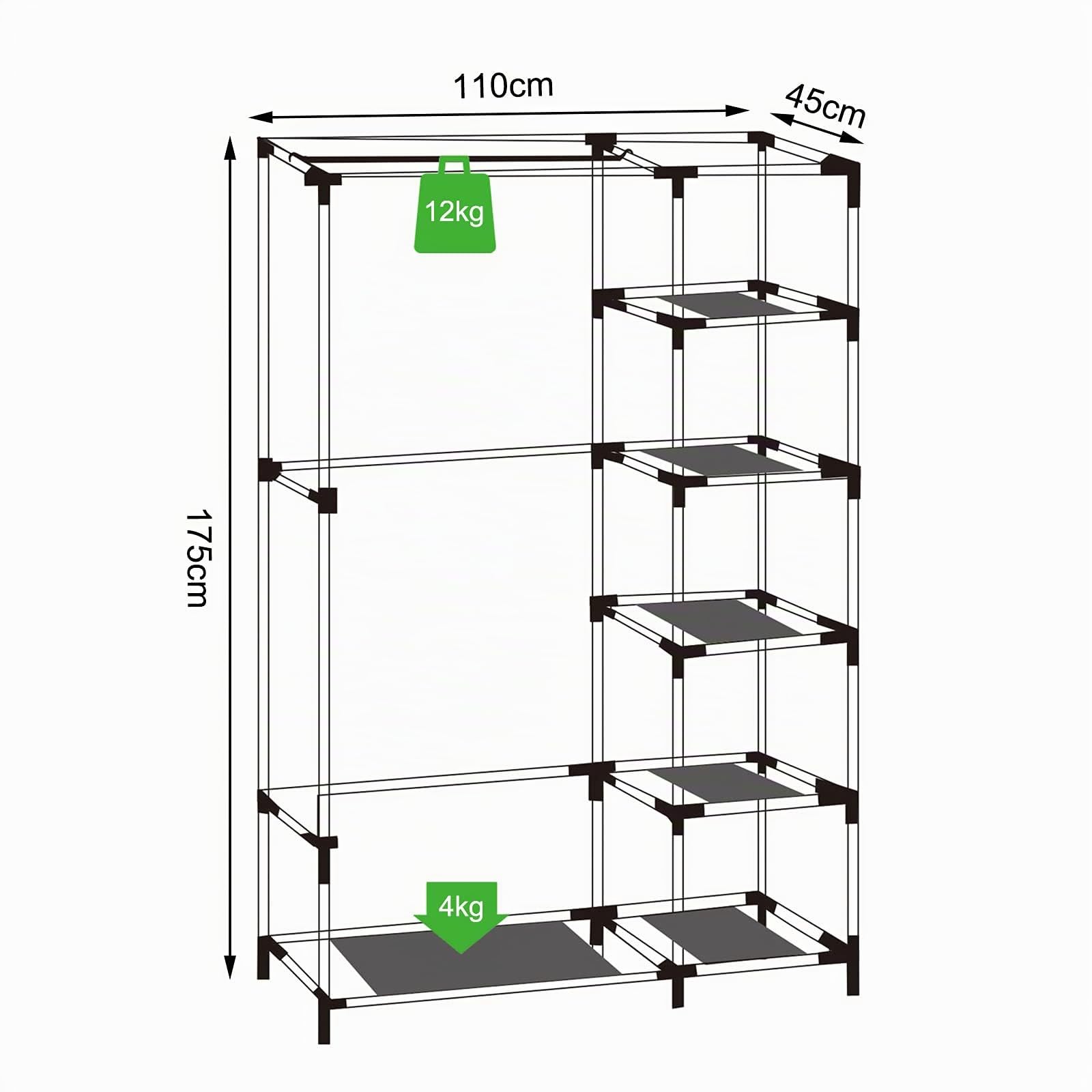 dibea Armoire en Tissu Pliable, 110x45x175 cm, penderie Textile Peu encombrante avec étagères, Respirante et Stable, Tige à vêtements, revêtement PP Facile à Nettoyer, Gris