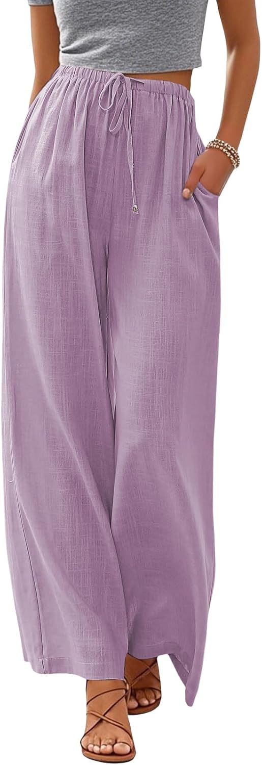 Womens Linen Summer Palazzo Pants Flowy Wide Leg Beach Pants with Pockets