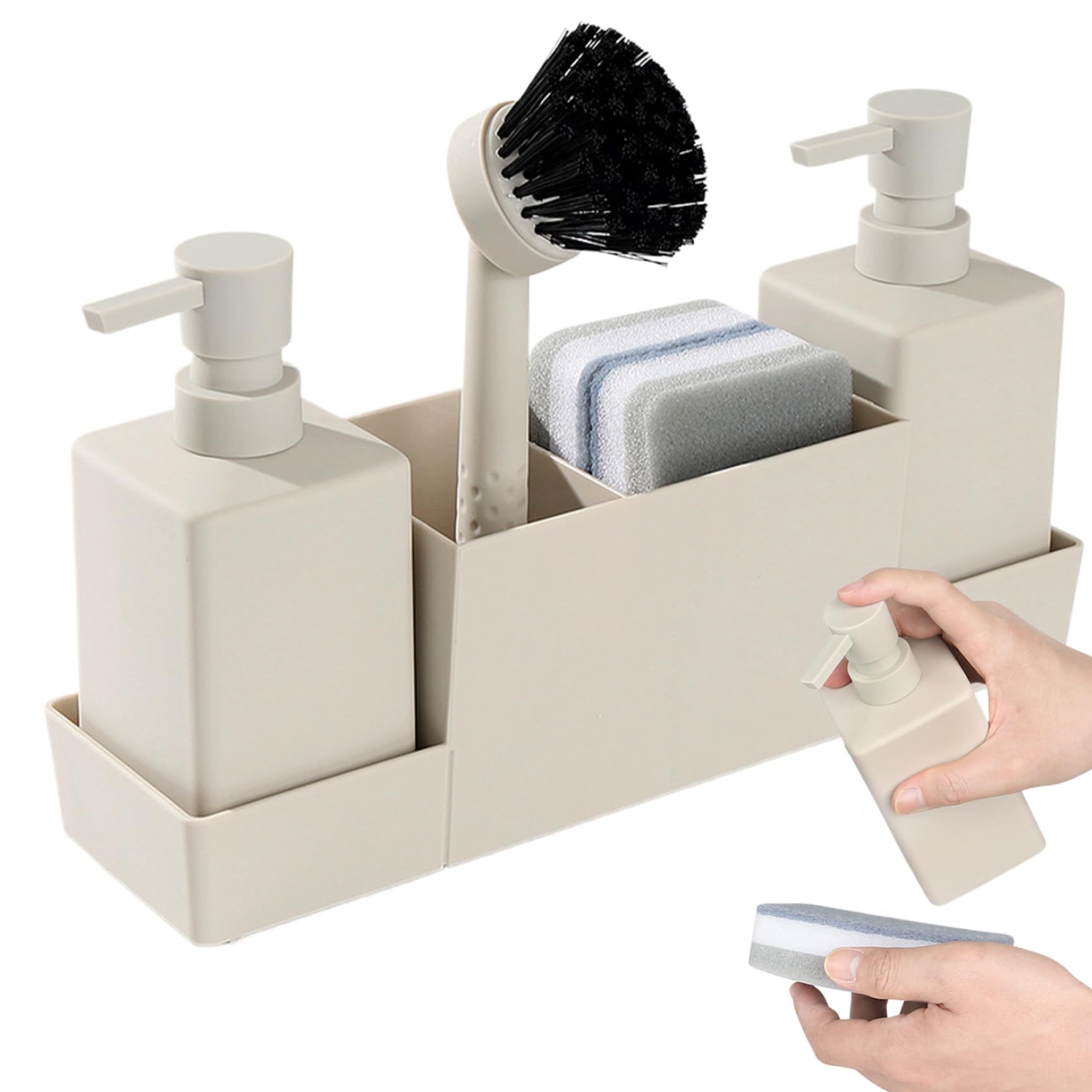 Dispensateur de Savon Kitchen Set 5pcs / Set Plastic Dish Savon Dispensateur avec Support d'éponge, éponge et Pinceau Accessoires de Cuisine Beige drainant