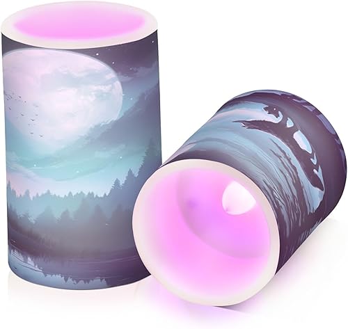 Miniatura 2 de Juego de 2 velas sin llama de noche, luna, lobo, pilar parpadeante LED de plástico con temporizador de control remoto para decoraciones