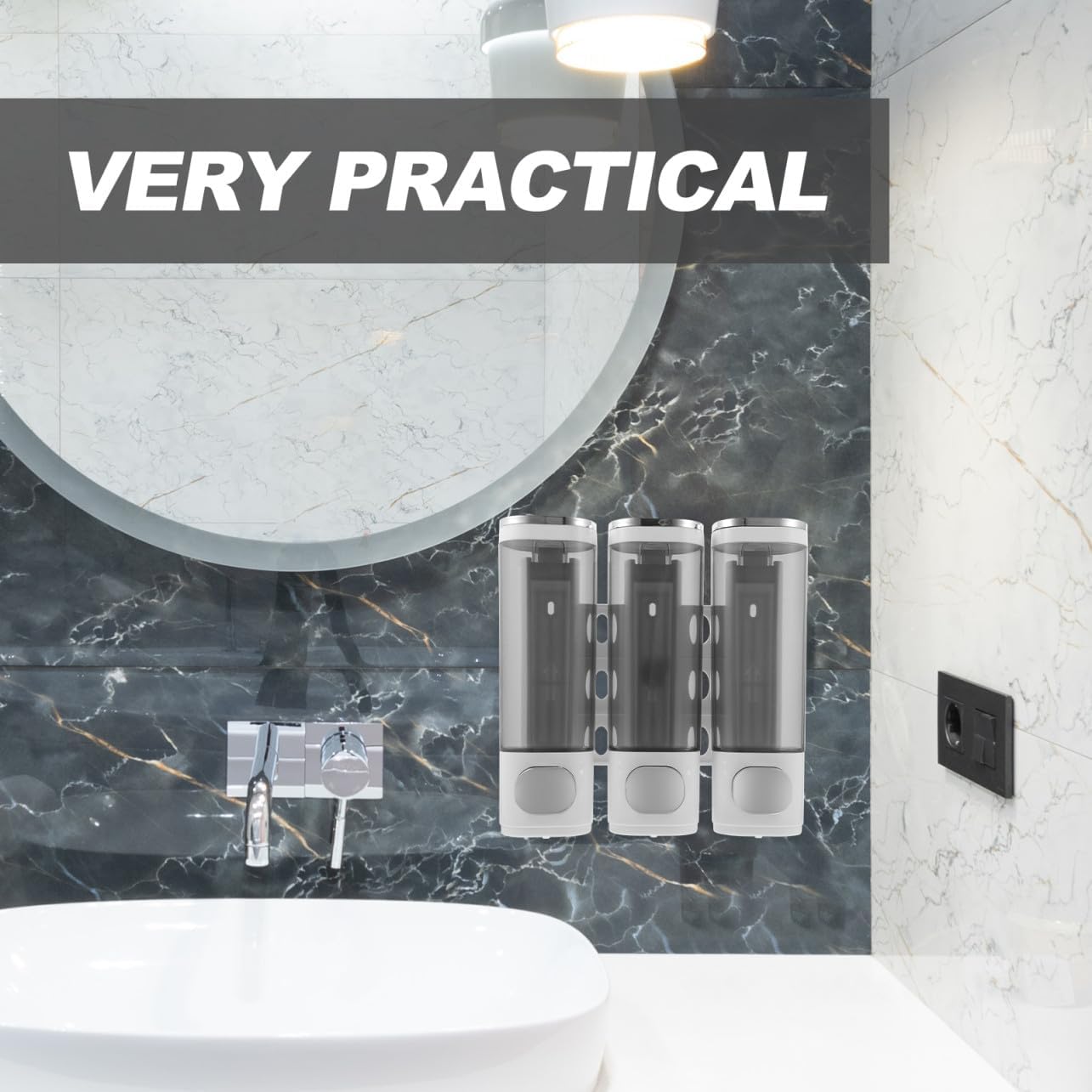 Cabilock Wall Mounted 3-Chamber Shampoo and Conditioner Dispenser Manual Soap Pump Bathroom Shower Holder Electroplated White for Residential and Hospitality Use