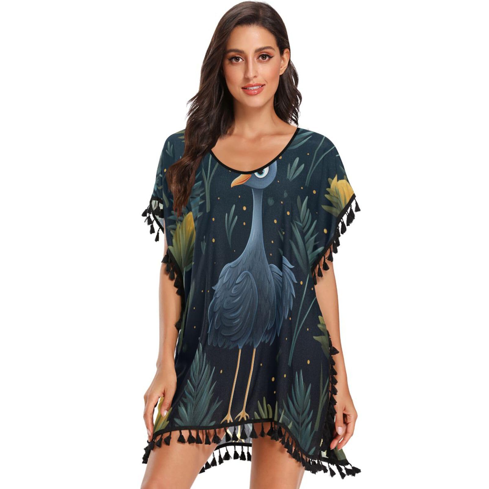 Cute Forest Animal Ostrich Women's Beach Cover Up Chiffon Tassel Swimwear Swimsuit Coverups for Girl