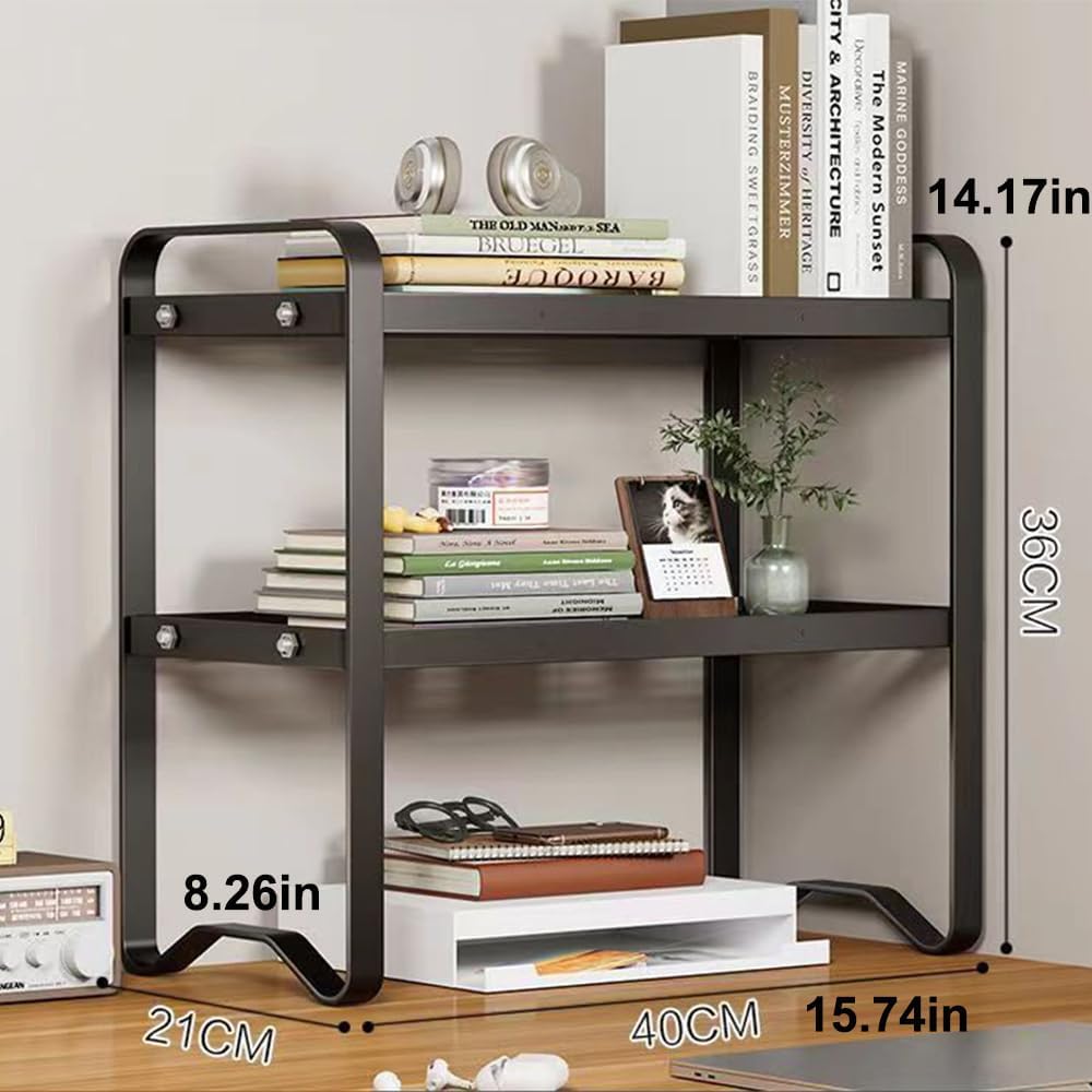 Hbluefat Metal Desktop Shelf Organizer, Small Desk Bookshelf for Home Office, Table Top Storage Shelf, Multipurpose Metal Desk Organizer for Books, Office Supplies, Home Decor (Black, 2 Tier)