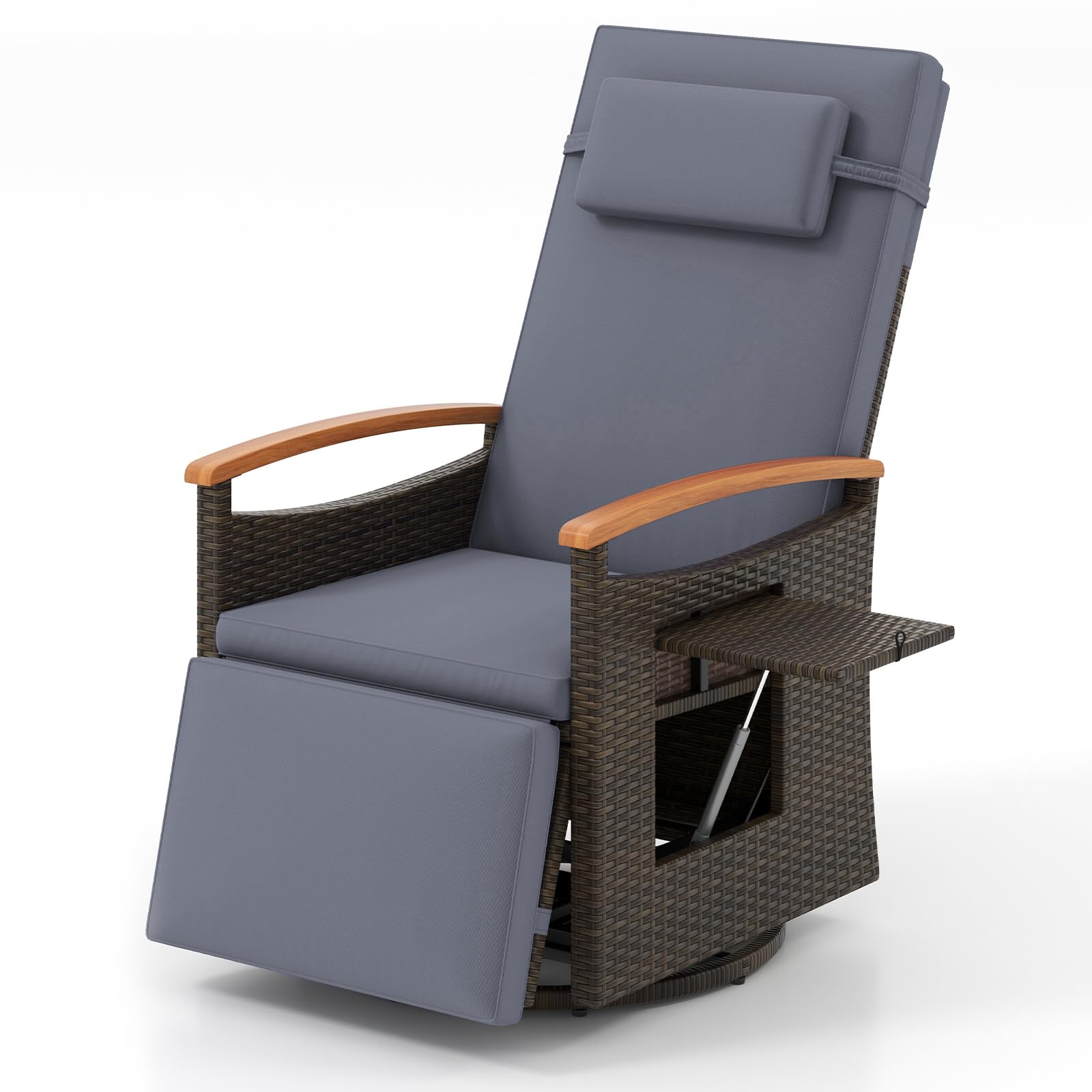 COSTWAY 360 Degree Swivel Garden Recliner Chair, Patio Rattan Reclining Armchair with Adjustable Backrest & Footrest, Flip Table and Cushions, Outdoor Wicker Lounge Chair for Balcony Porch (Grey)