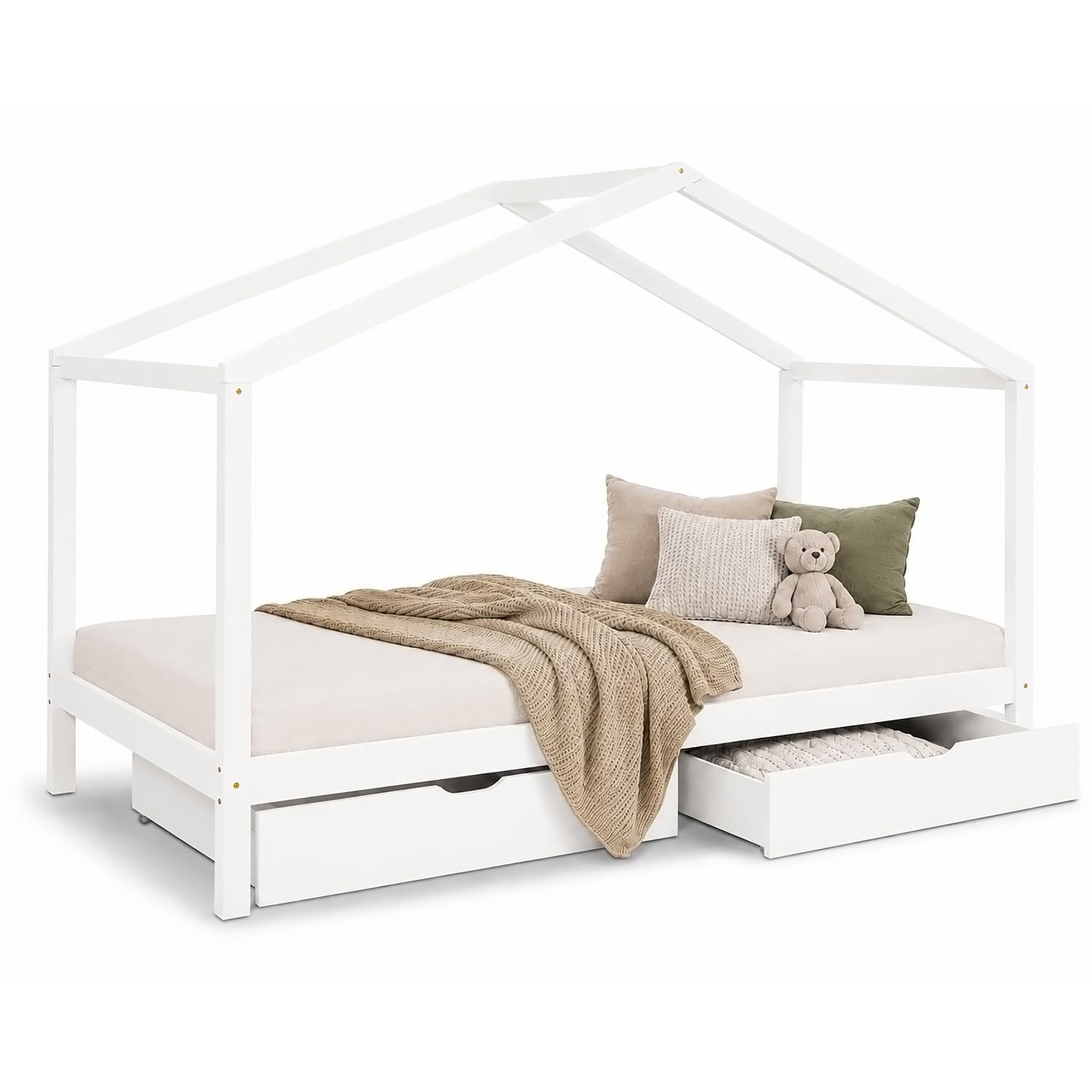 Homestyle4u Kinderbett 90x200, Hausbett Weiß mit Bettkasten