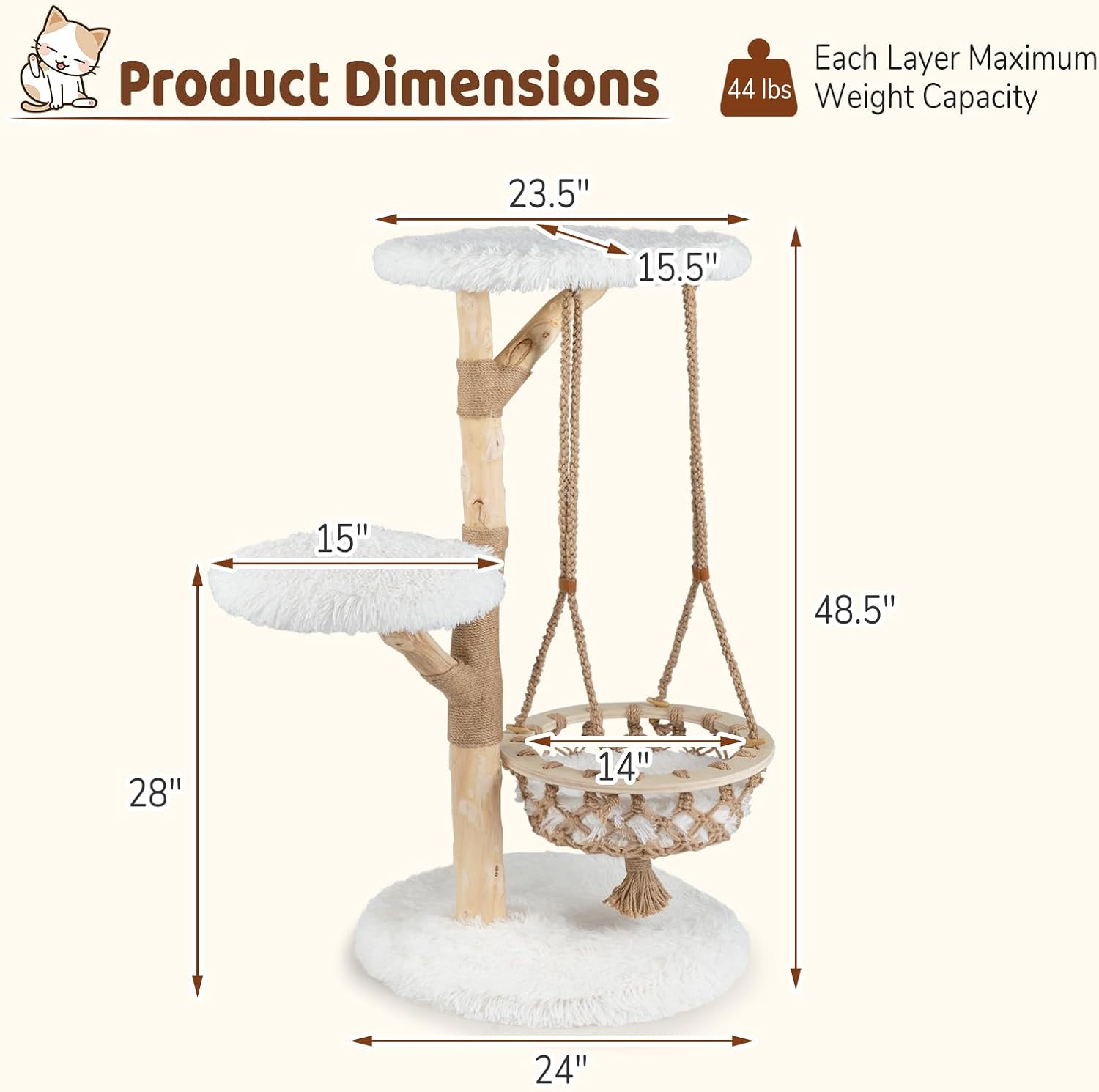 PETSITE 48.5 Inches Wood Cat Tree, Multi-Level White Modern Cat Tree with Hanging Basket, Solid Natural Peer Wood Post Wrapped with Jute Ropes, Soft Long Plush Covered Perches and Base