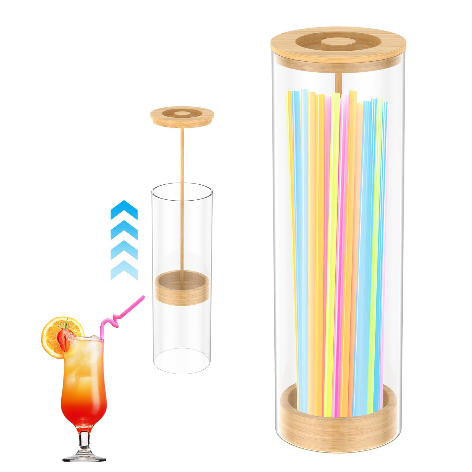 Airener Plastic Straw Dispenser, Drinking Straws Holder with Bamboo Lid, 27x8cm Transparent Acrylic Straws Container, Vintage Straw Organizer for Home Bar Kitchen Counter