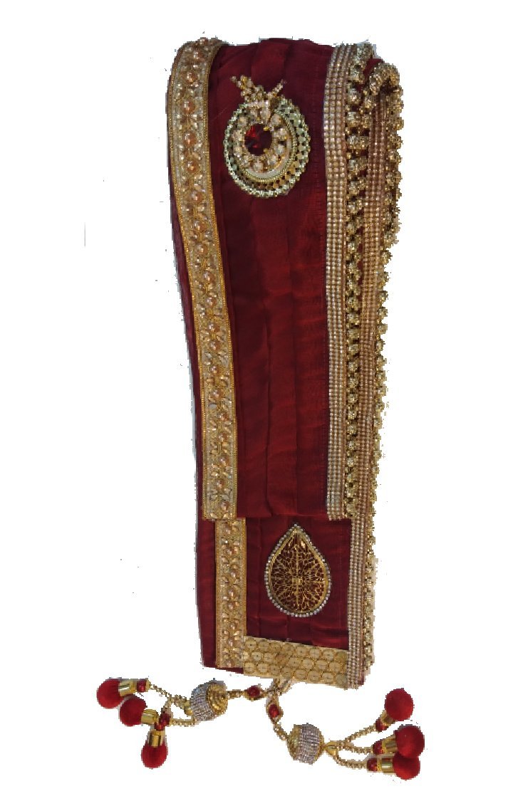 j.tushar's Men's Tissue Stuff Groom Stole with Laces, Pearls and Broach Work Latkans at Both Ends (Maroon)-picture-35