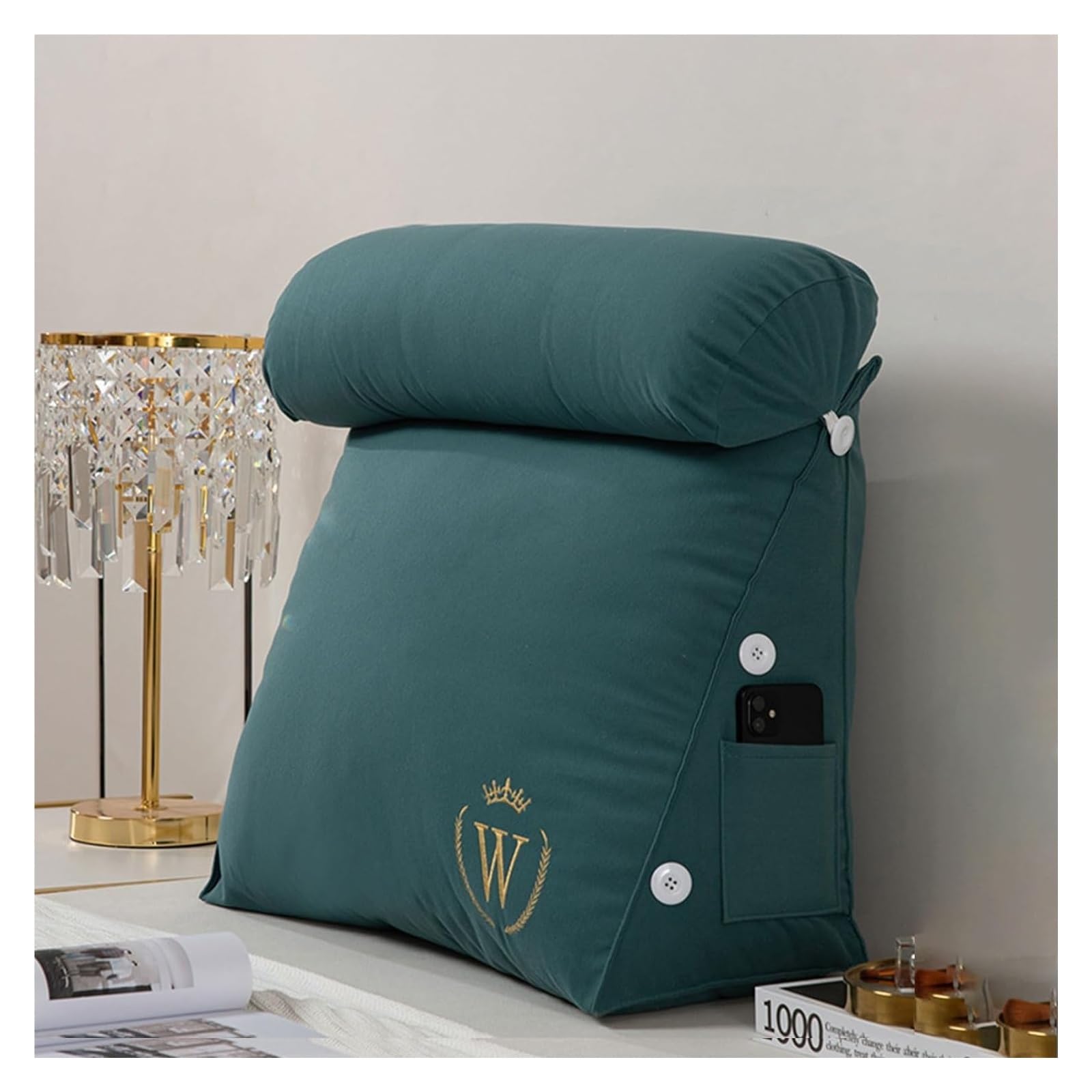 Reading cushions, And Detachable Neck Roll With Shredded Memory Foam,Great As Backrest For Books Or Gaming,Back Support Rests For Sitting Up In Bed Relaxing Ergonomic(Emerald Green,45 x 45 x 22 cm)