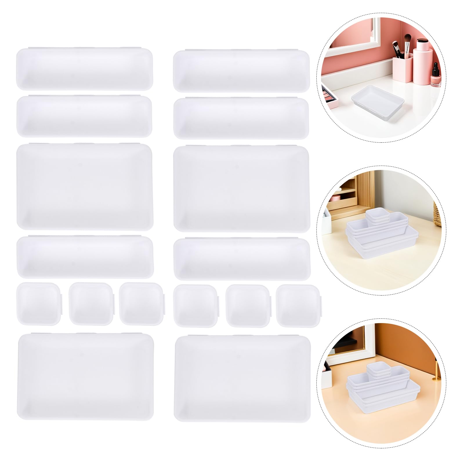 Cabilock Organizer Trucco Modulare 16 Pezzi in Plastica Resistente, Scatole Portaoggetti Impilabili 24x16x9 Cm per Cassetti, Organizer Cosmetici da Scrivania e Bagno per Ordine e