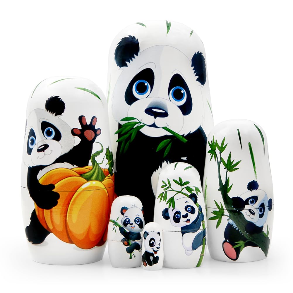 Juego de 6 muñecas nido Panda, Panda Lindo y Animal de Bambú de Madera Hecho a Mano Muñeca Rusa Tradicional Matrioshka Juguete apilable para Niños Cumpleaños Decoración de Fiesta de Navidad