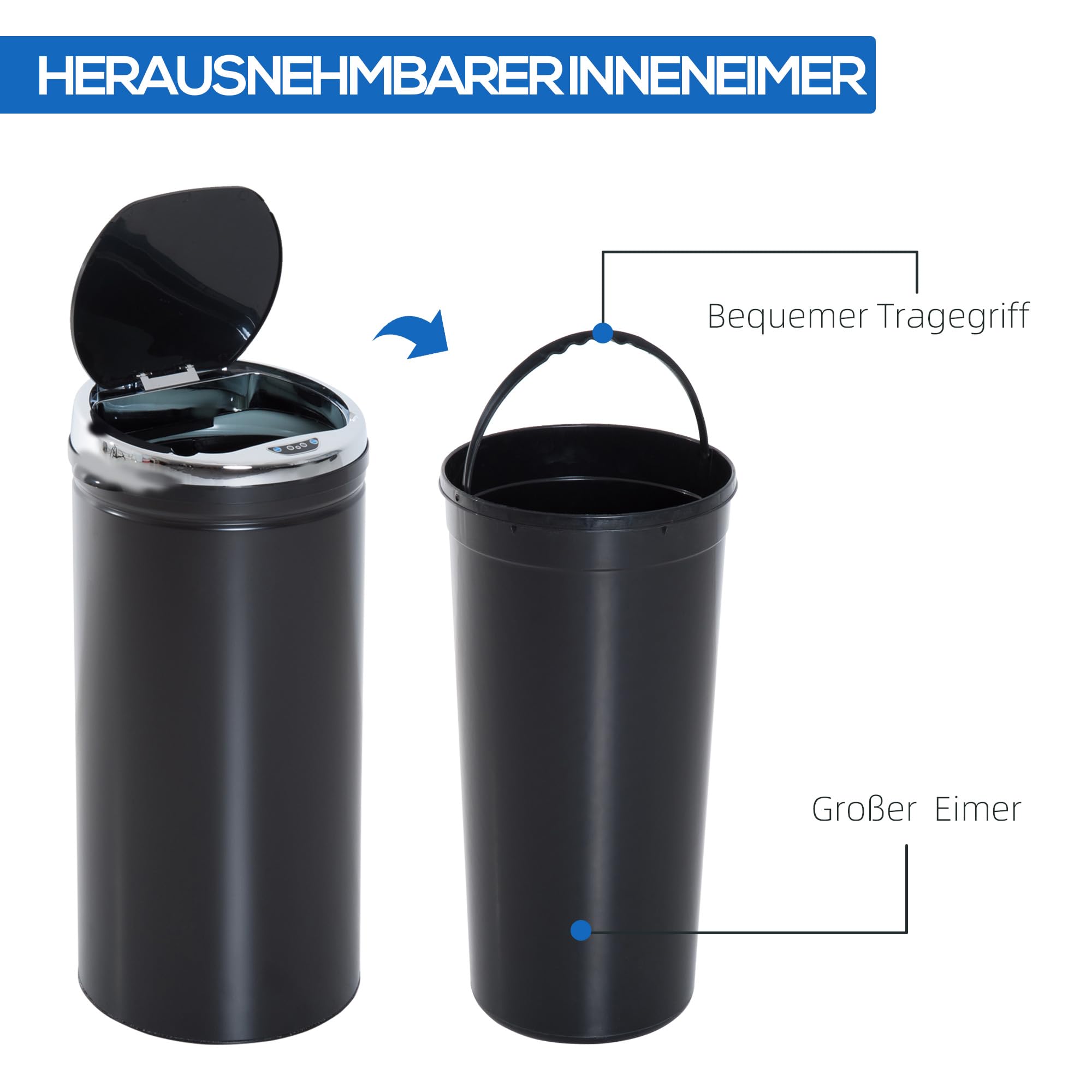 HOMCOM Sensor Mülleimer 42L mit Inneneimer für Küchen Büro Schwarz | Automatischer Mülleimer, Abfalleimer, Bewegungssensor, Abfallbehälter, Müllbehälter, Schlafzimmer