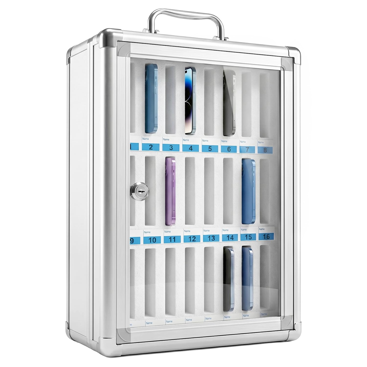 QWORK® Armadietto per Cellulari in Alluminio a 24 Scomparti – Mobile Porta Cellulare con Serratura di Sicurezza per Scuola, Ufficio e Palestra – Organizer Smartphone da Parete, Argento