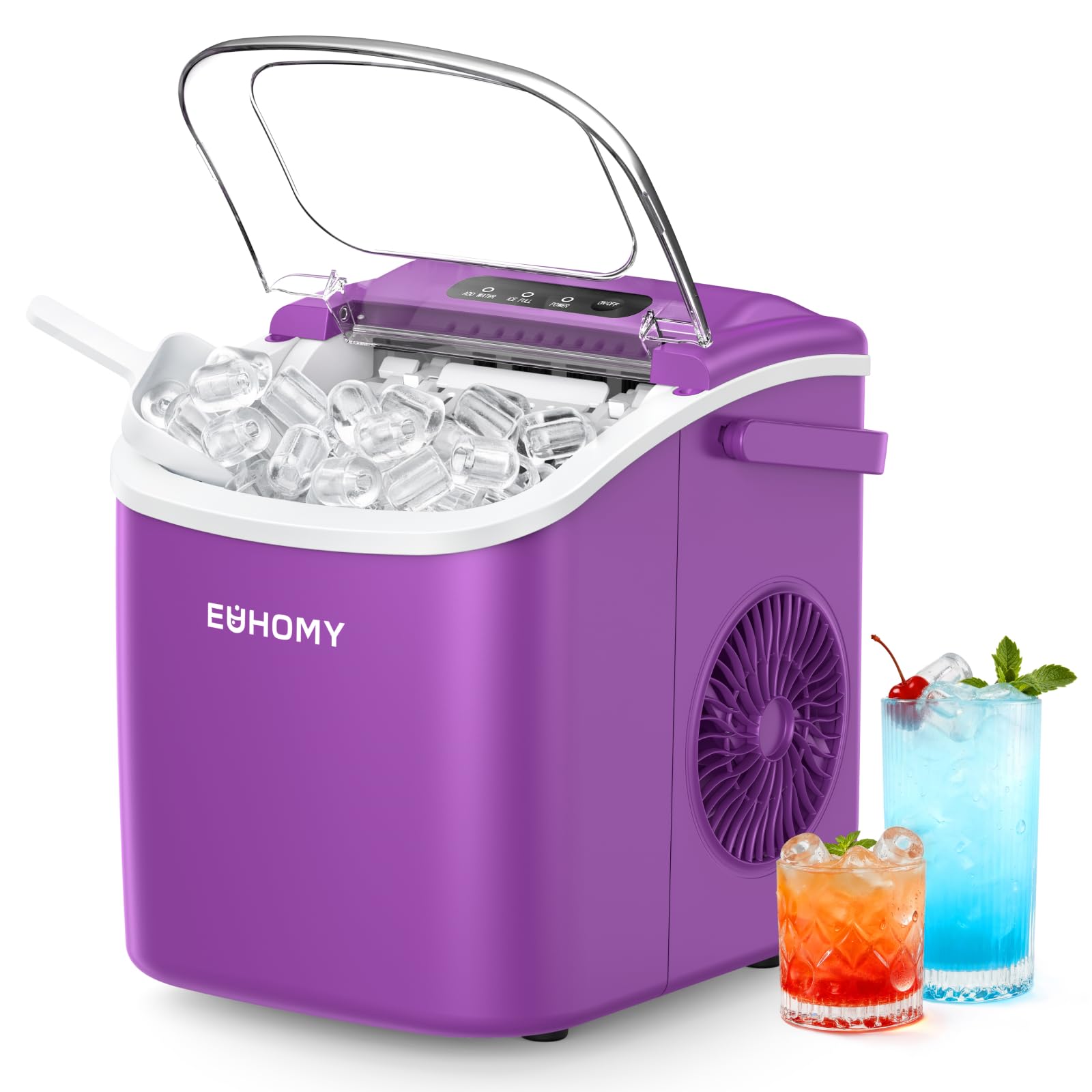 EUHOMY Countertop Ice Maker Machine with Handle, 26lbs Per Day, 9 Ice Cubes Ready in 6 Mins, Auto-Cleaning Portable Ice Maker with Basket and Scoop, for Home/Kitchen/Camping/RV (Purple)