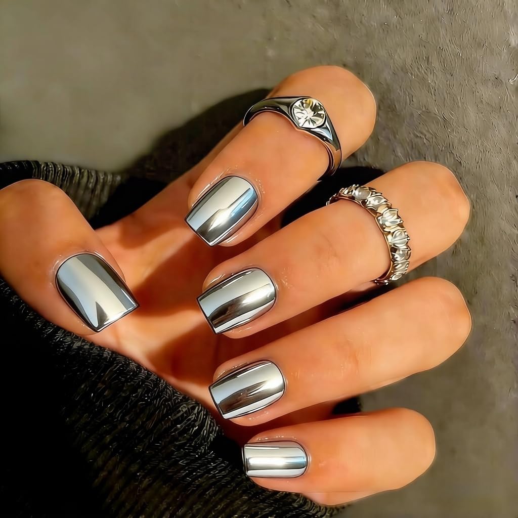 SXVME Chrome Press on Nails - Metallic Silver Glitter Finish
