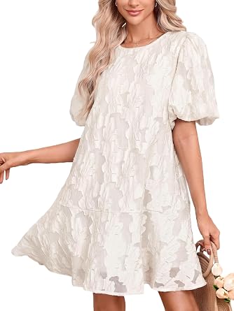 Womens Floral Jacquard Summer Mini Dress Short Puff Sleeve A-Line Babydoll Ruffle Sundress