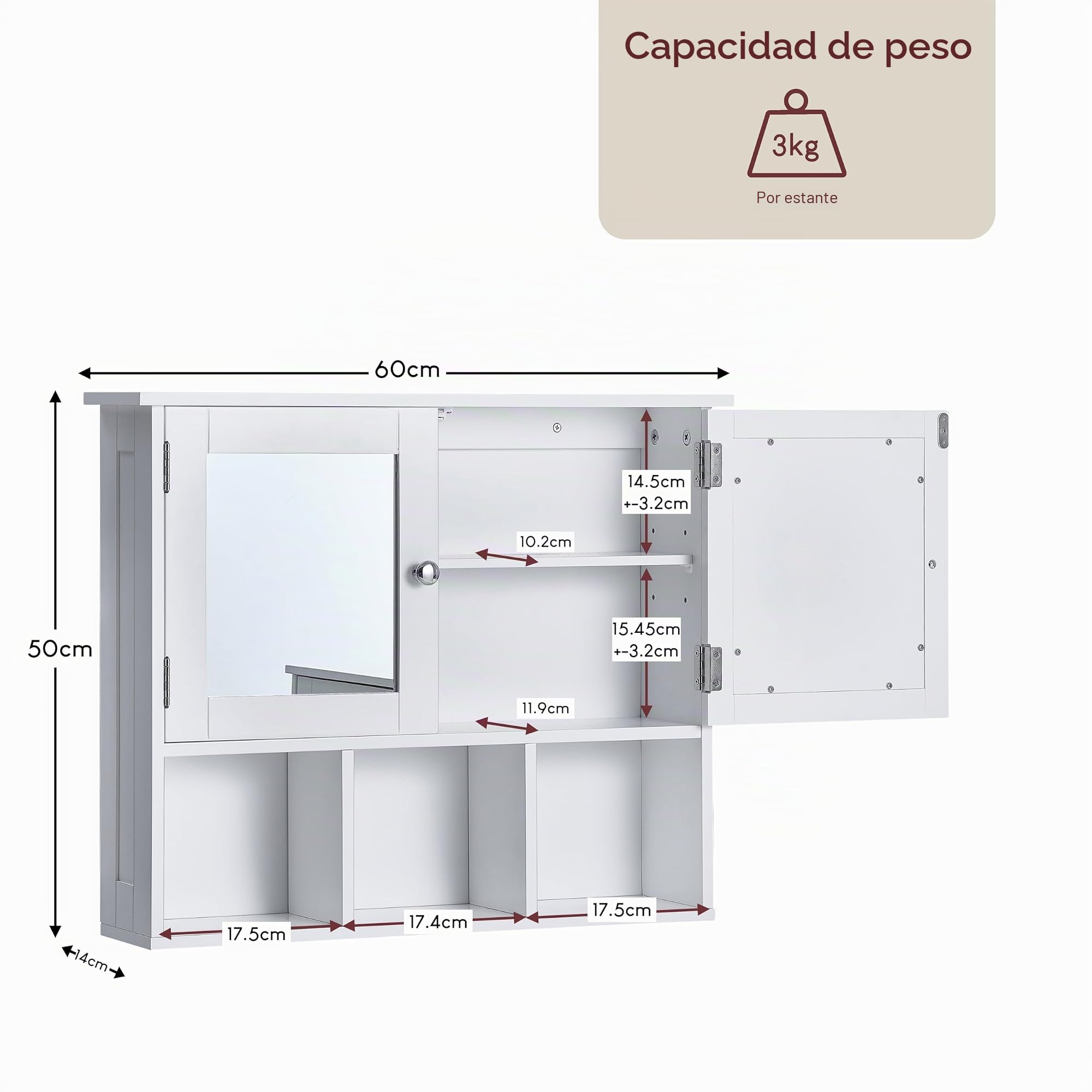 Home Discount Milano Estantes de Almacenamiento de Armario de baño con Espejo montado en la Pared, Doble Puerta, Color Blanco
