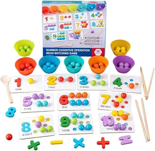 Usper Montessori Giocattoli 1 2 3 4 5 Anni In Legno Educativo Matematica Giocattoli Perline Gioco di Ordinamento Colori Con 63 Perline, Bacchette e Cucchiai
