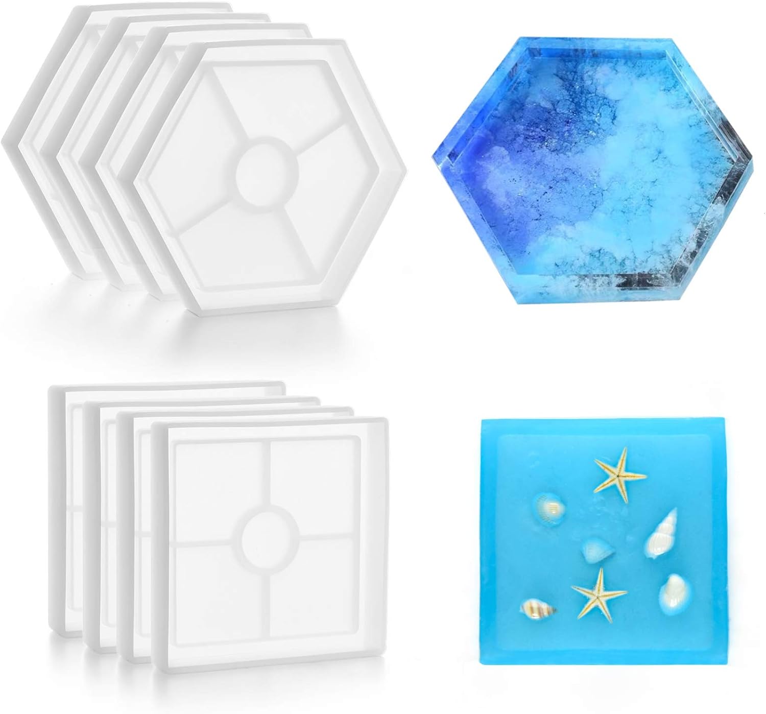 Timoo Resin Molds 8 Pack Coaster Silicone Molds, Coaster Molds for Resin Casting, Contain 4 Pcs Square and 4 Pcs Hexagon Epoxy Resin Molds for Making Coasters, DIY Resin Artwork, and Home Decor