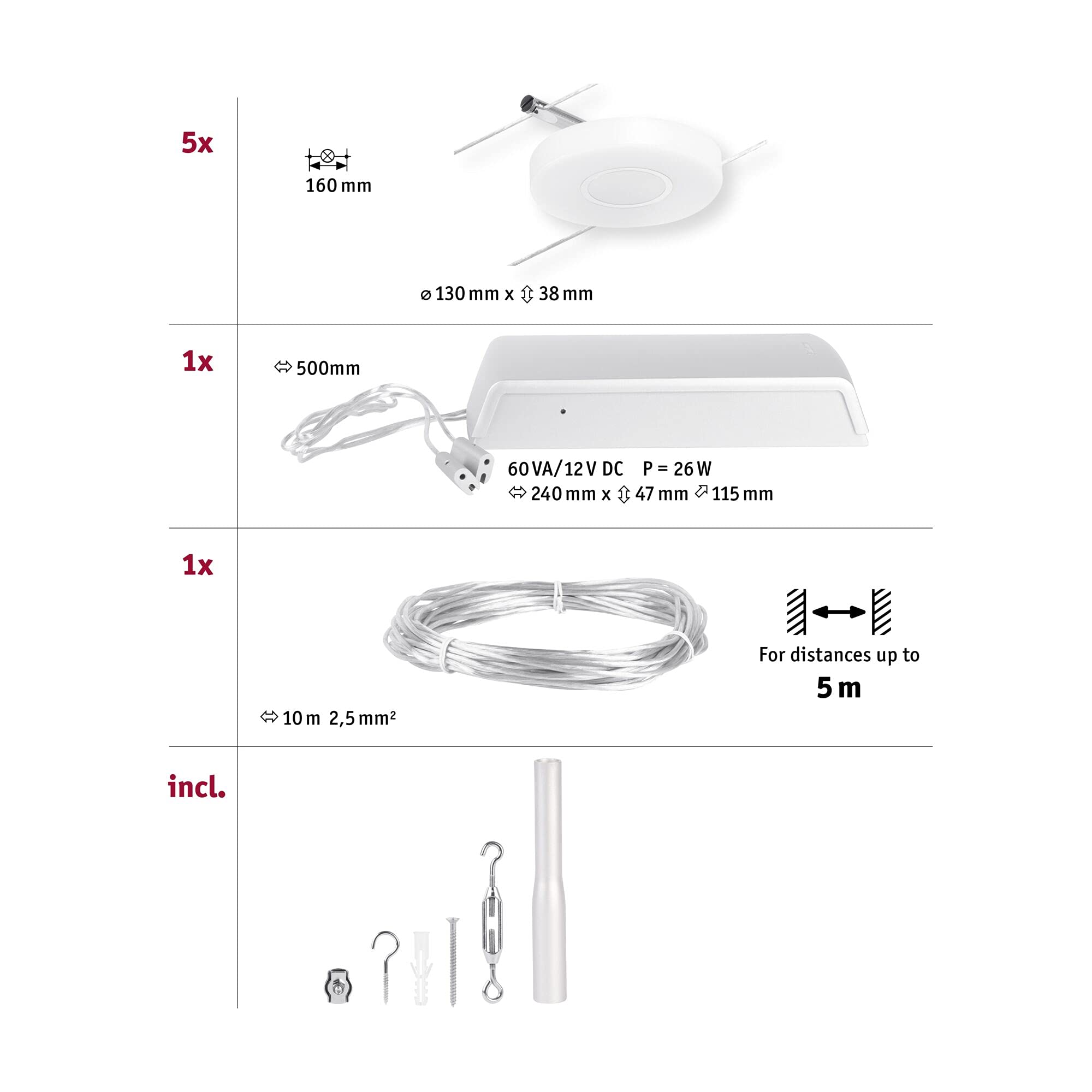 Paulmann 94426 CorDuo Juego de sistema de cable LED DiscLED DC incl. 5x4,5 W extensible cromado mate, cable metálico cromado 3000 K