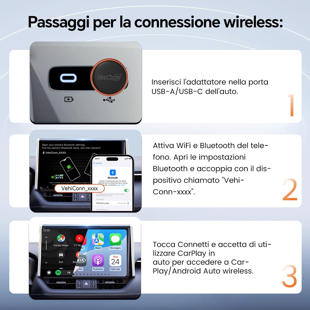 Carlinkit Mini Ultra 3 Adattatore Wireless CarPlay e Android Auto, Converte OEM Cablato in Wireless, Plug & Play USB A/C, Connessione Automatica, Aggiornamento OTA, Arancione