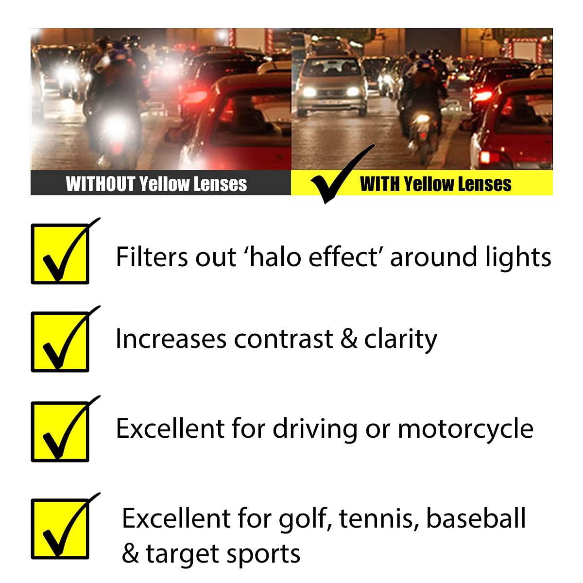 proSPORTsunglasses ANSI Z87 Night Vision Safety Glasses for Cycling, Motorcycle Riding, Night Driving, Running, Shooting and Hunting.