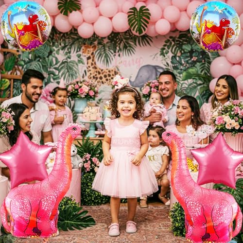 Image of Propsicle Foil Pink Dinosaur Balloon Set, Jurassic Theme Happy Birthdfay Party Decorations, Pack of 5 Balloons