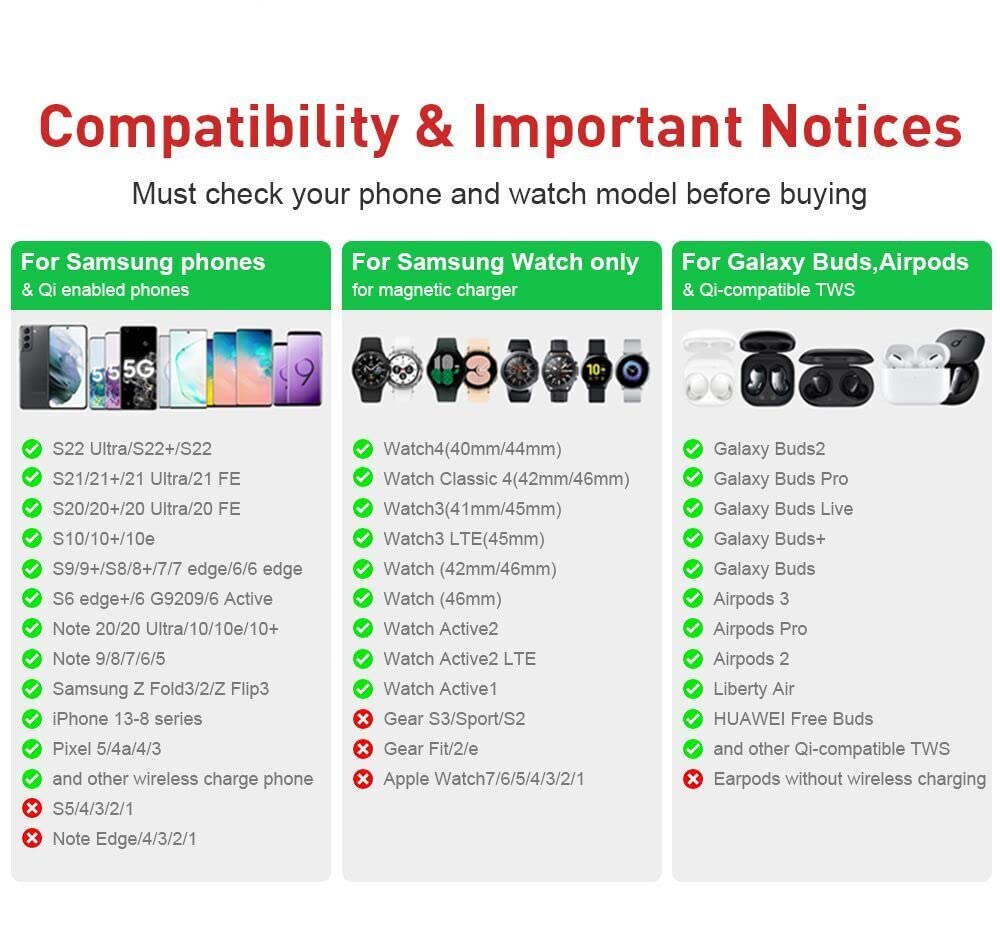 15W 3 in 1 Wireless Charger Dock Charging Station for Galaxy Watch 4/3/Active2