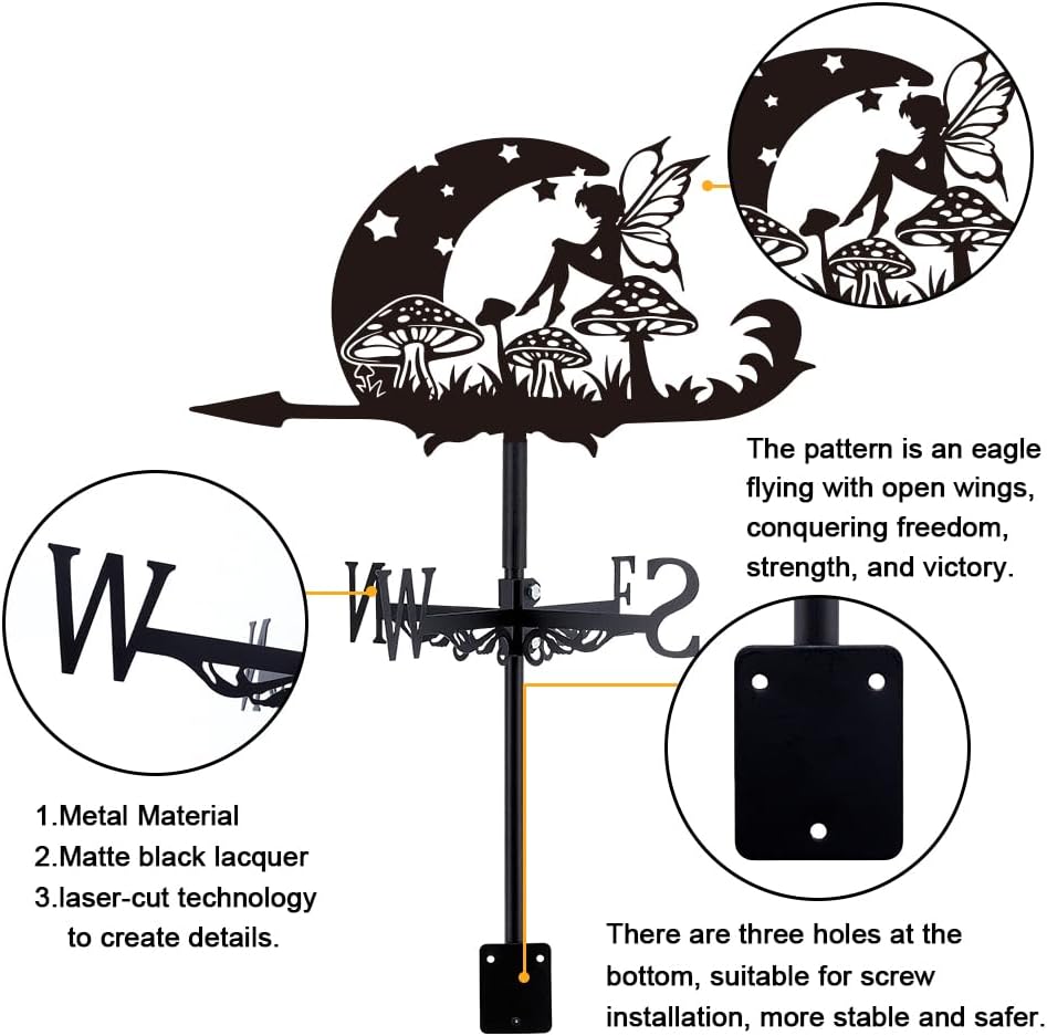 SUPERDANT Moon Elves Weather Vane Metal Wind Direction Indicator Measuring Instrument Roof Installation Weathervane for Outdoor Garden Farm Backyard Gazebo Barn Art Decoration Black