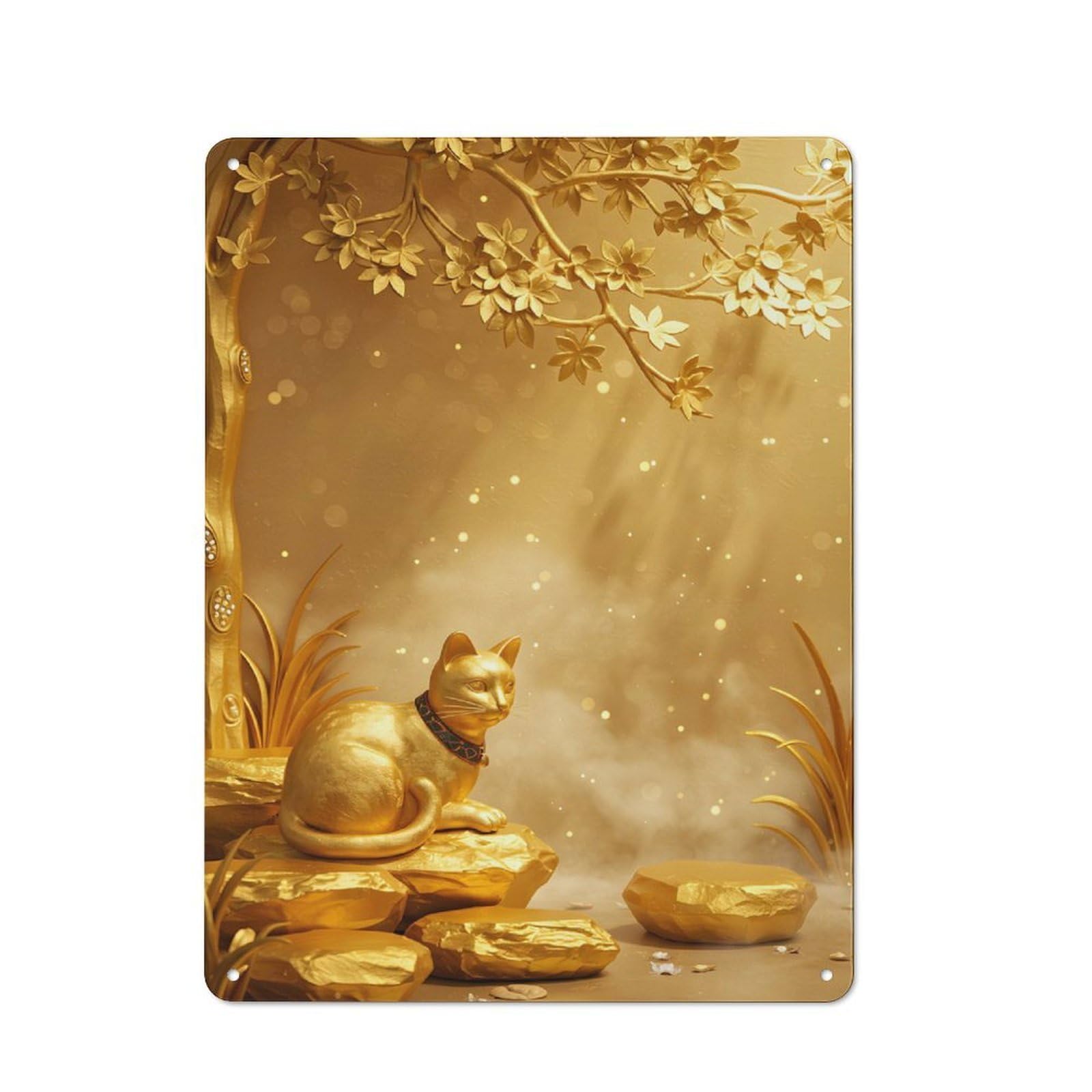 Tin Wall Plaque 40x30cm with Golden Cat Statue Under Golden Tree for Pub Or Café, for Hospitality Wall Decor Collectors