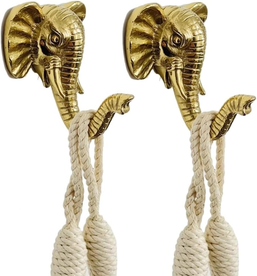 Curtain Tiebacks Brass Curtain Hook Curtain Holdbacks Drapery Hooks Wall Hooks Elephant Head Sculpture Decorative Hooks,Set of 2