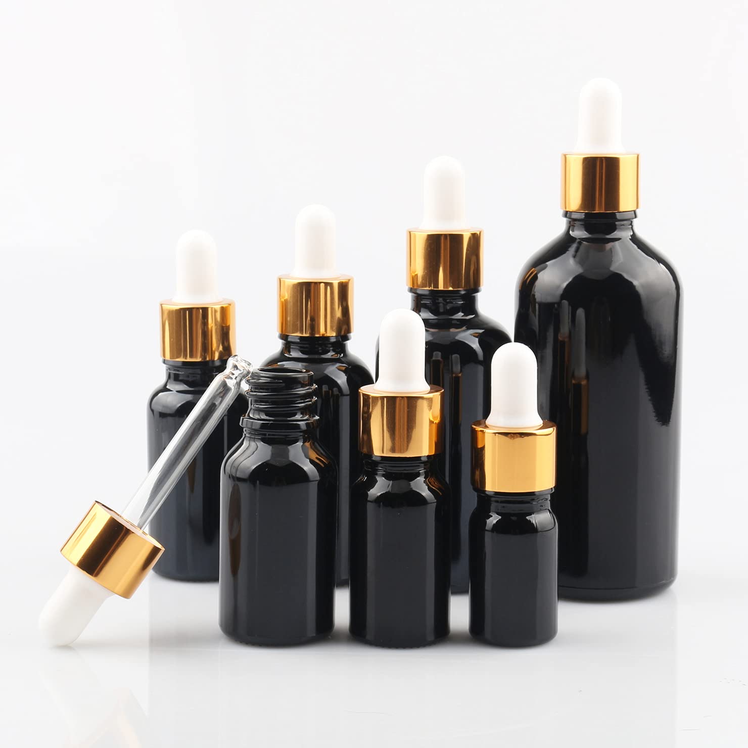 12 Pieza,Botella de Aceite Esencial Negro brillante de 100 Ml, Fácil de Llenar, Botellas de Cristal con anillo de Oro y pipeta,para Aceite Esencial, Masaje,Fragancia, Aromaterapia