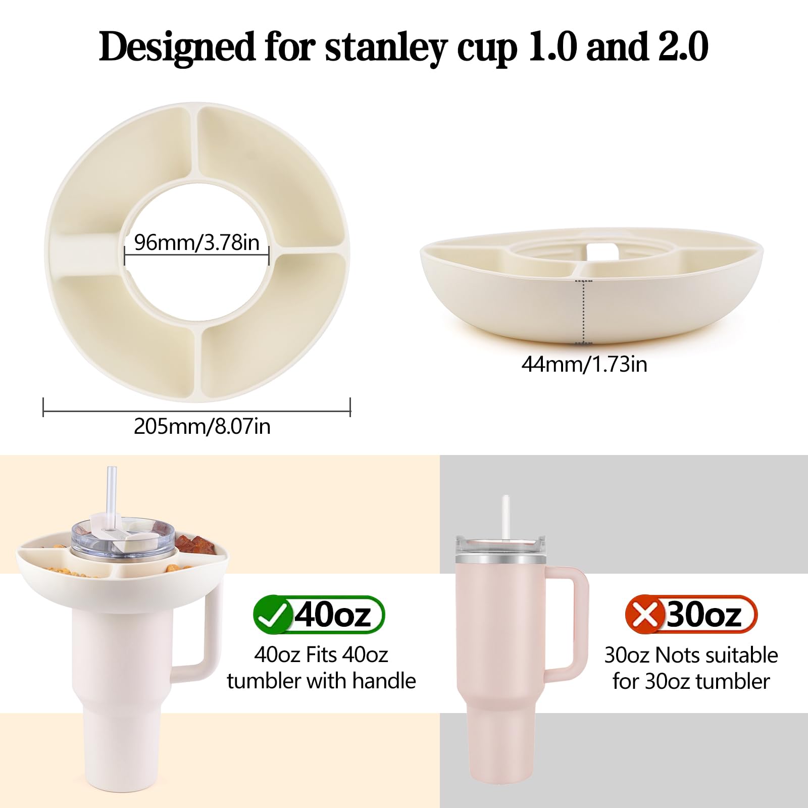JJWNMLL Bol à Goûter Pour Tasse Stanley De 1,2 L - Accessoires De Tasse Stanley En Silicone - Plateau à Collation Avec 4 Compartiments - Support