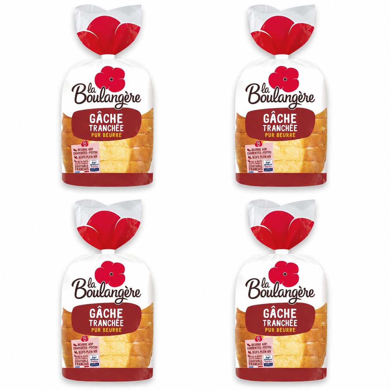 La Boulangère Gâche Tranchée Pur Beurre, Beurre AOP Charentes-Poitou, Œufs Plein Air, 400g, Lot de 4