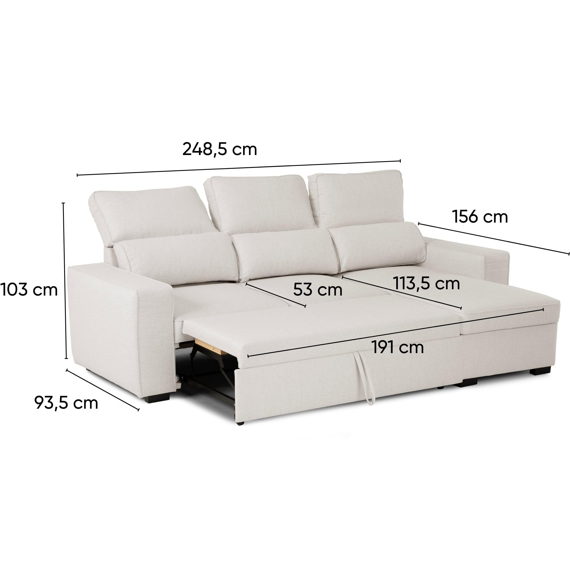 BUDWING Harper Sofá Cama 3 Plazas - Chaise Longue Reversible – Almacenamiento Integrado, Asiento Deslizante – Tapizado en 100% Poliéster – 248,5x156x103 cm – Beige Marfil
