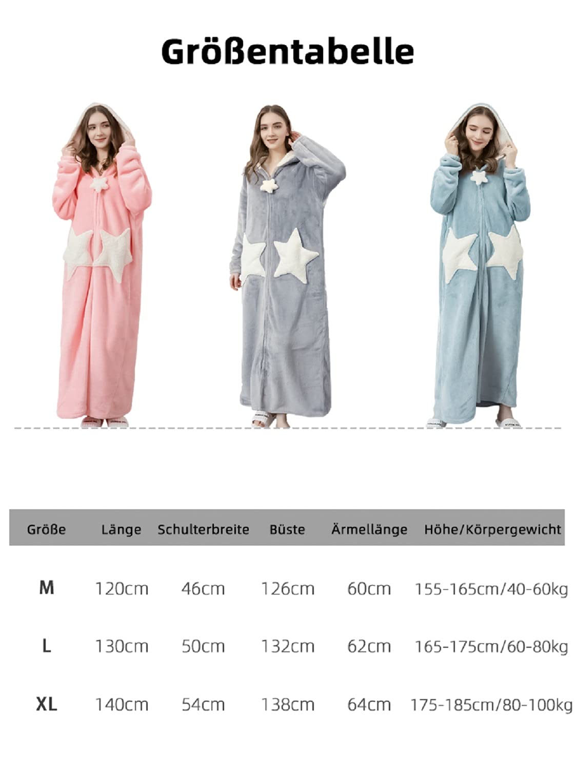 Sacebeleu Bademantel Damen Flanell Rosa Morgenmantel Lang mit Kapuze Reißverschluss Stern Nachtwäsche Flanell Paar Set Hausmantel Herren Weich Hausmantel Pulloverdecke Pyjama Unisex Pink M