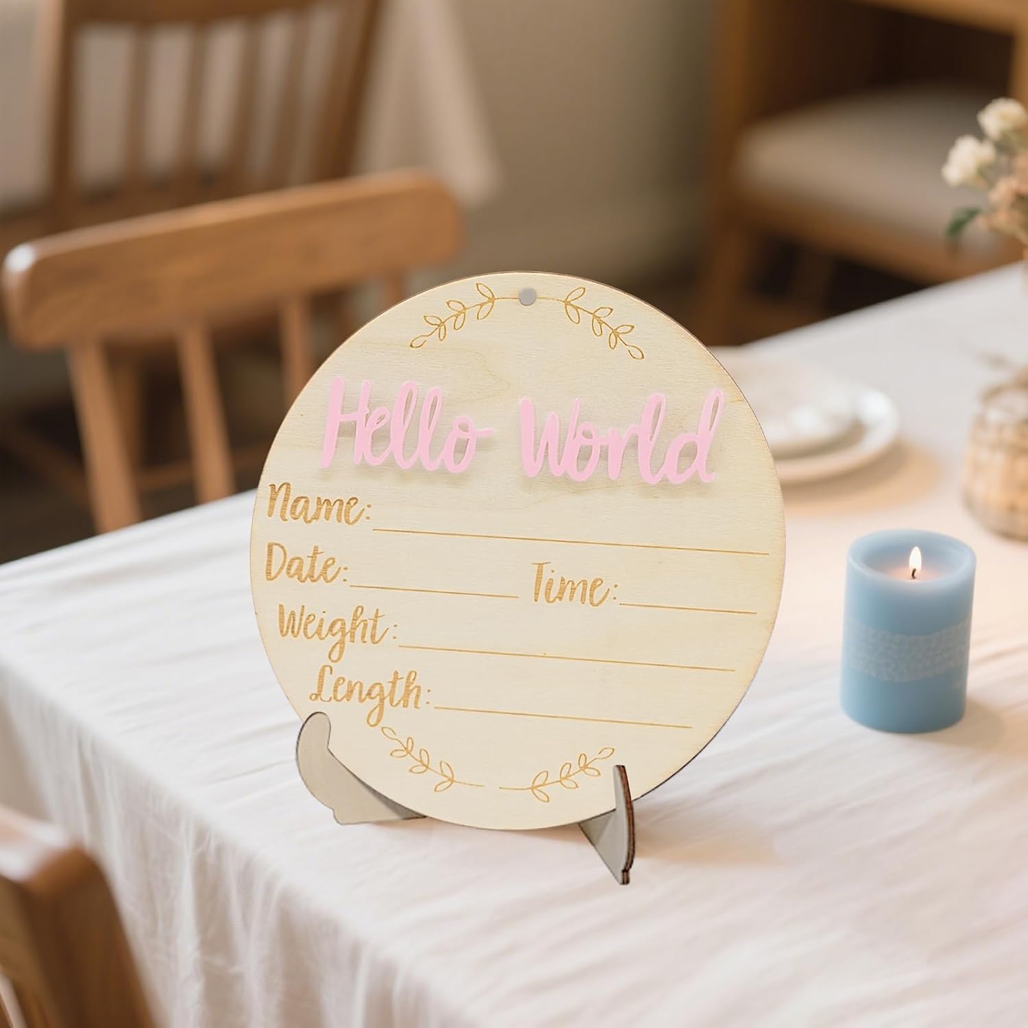 Baby Announcement Sign, 5.9 Inch Round Wooden Hello World Newborn Signs, Birth Announcement Sign: Equipped with Ink Pad Can Baby Handprints and Footprints for Photo Prop Hospital Nursery Gift (Pink) thumbnail