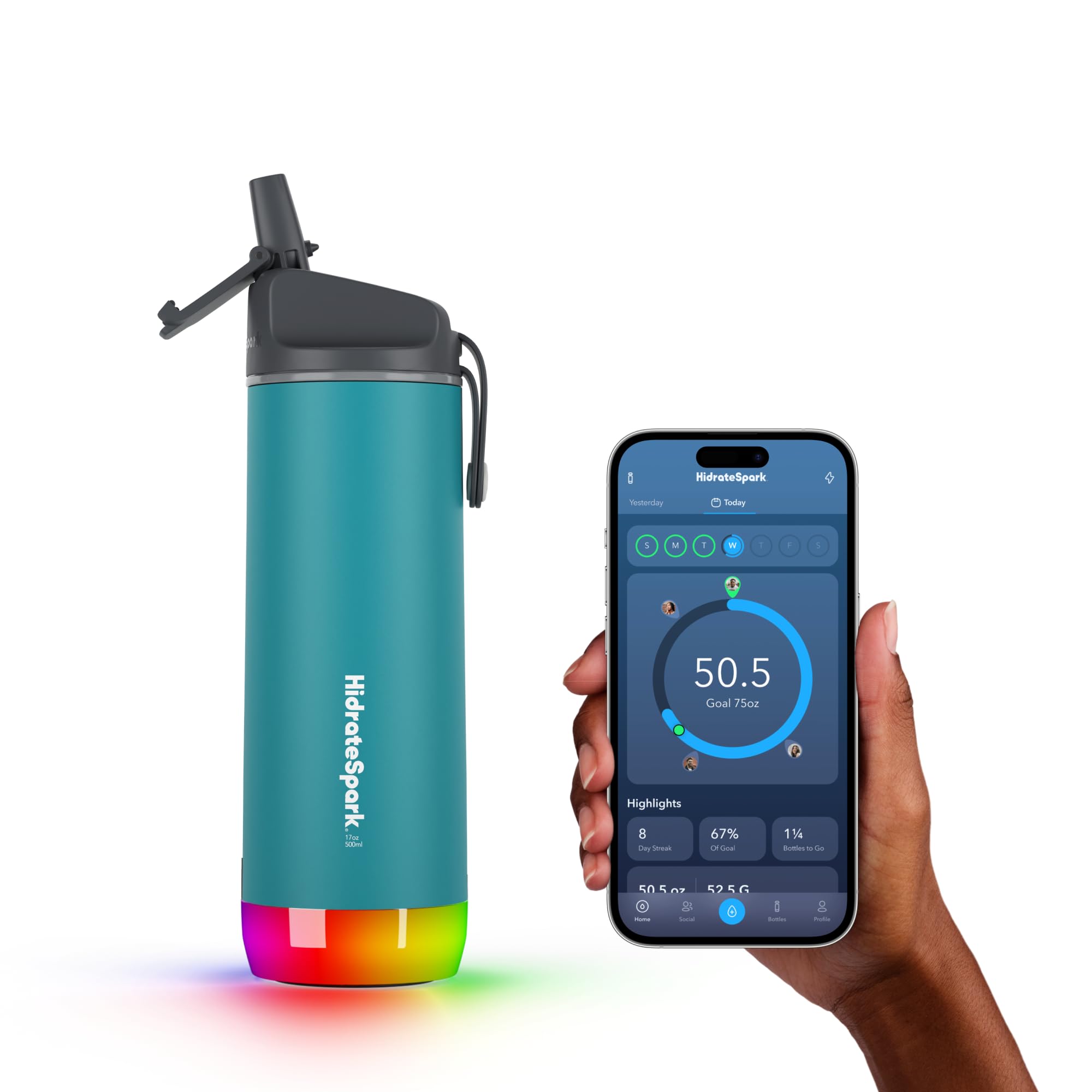 Hidrate Spark - Bouteille d'eau Intelligente en Acier, Suit la consommation d'eau et s'illumine pour Vous rappeler de Vous hydrater, Couvercle avec Paille, 503 ml, Verre de mer