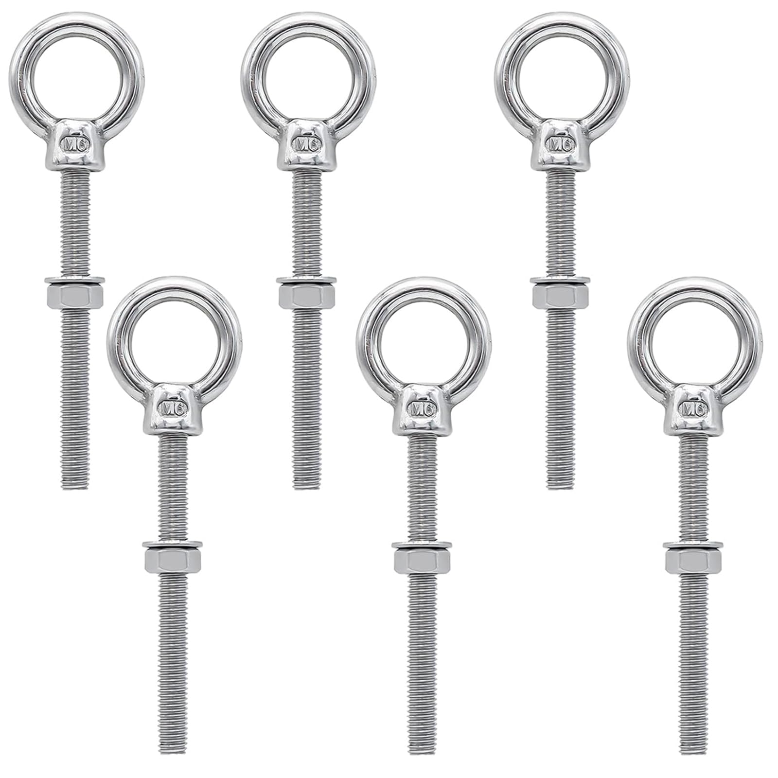 Lxoraziy 6 Pack M6 x 60mm Lifting Long Eye Bolt Longshank with Full Nuts and Washer 316 Stainless Steel, Threaded Eye Bolts for Hanging Item, Lifting and Securing Cables Wires