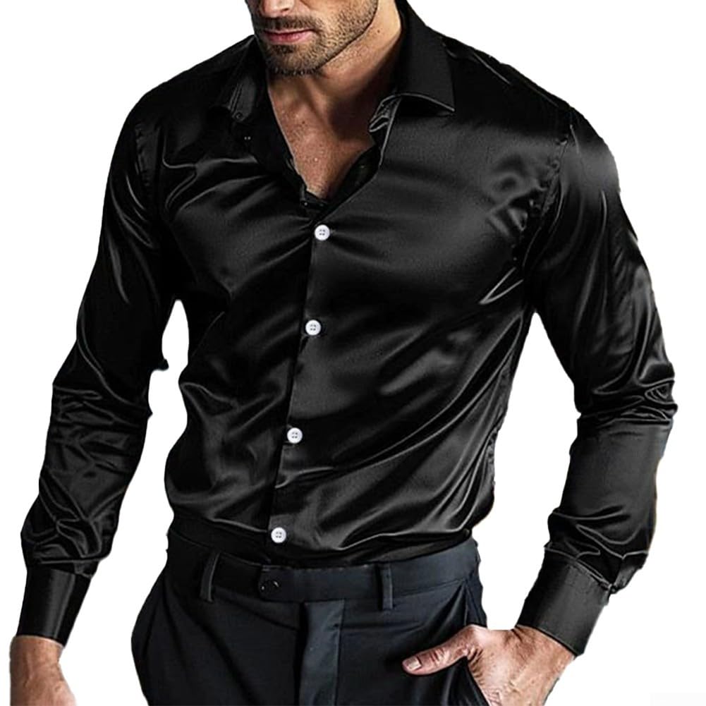 SPORTARC Camicia da uomo in raso di seta, a maniche lunghe, casual, per matrimoni, feste e discoteche